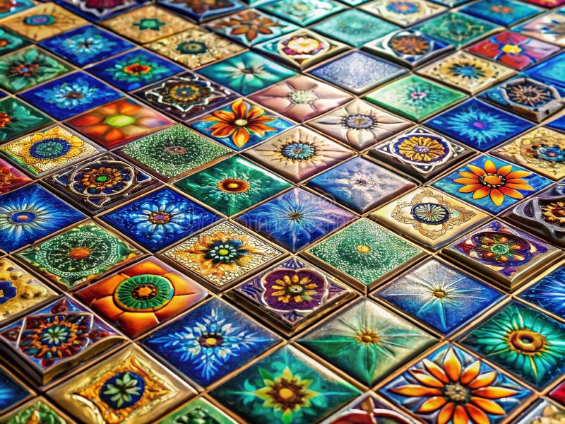Fantastiska vintage keramiska mosaikytor, silkeslena texturer, regnbågsnyanser och spännande subsurface scattering stock illustrationer