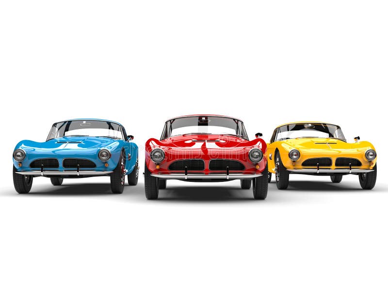 Stunning vintage sports cars in bright red, blue and yellow colors royalty free illustration Stunning vintage sports cars in bright red, blue and yellow colors royalty free illustration