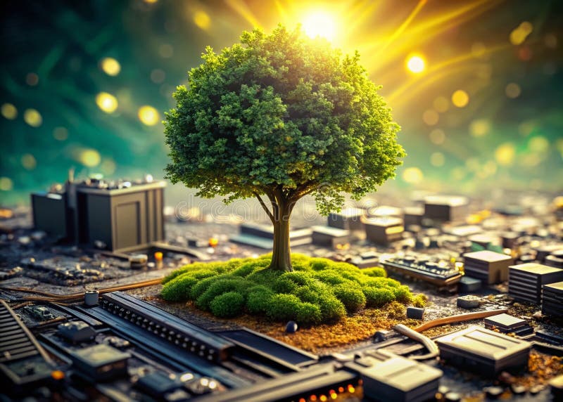 A Stunning Visual Natures Triumph Over Technological Waste as a Tree Emerges From Discarded Electronics stock illustration