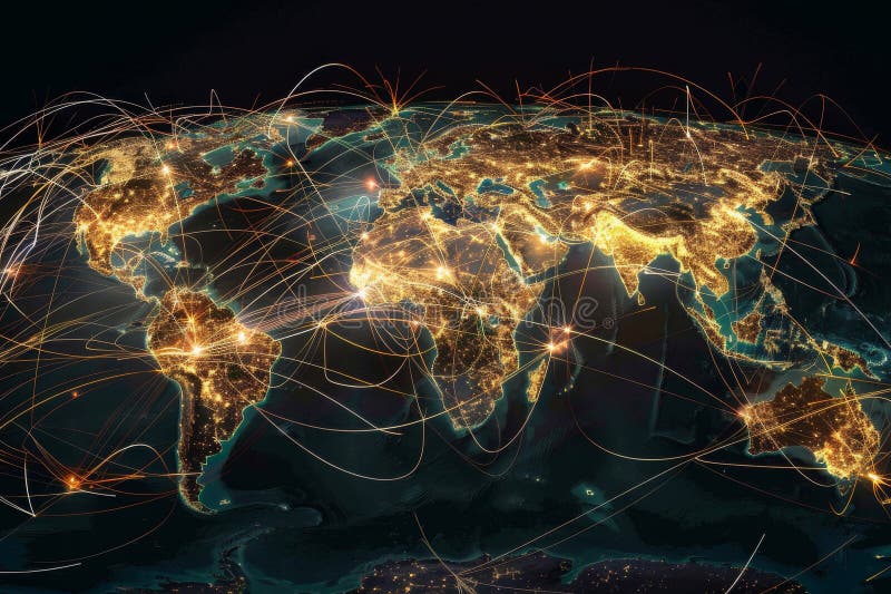 Global Network Connections Across Continents at Night vector illustration