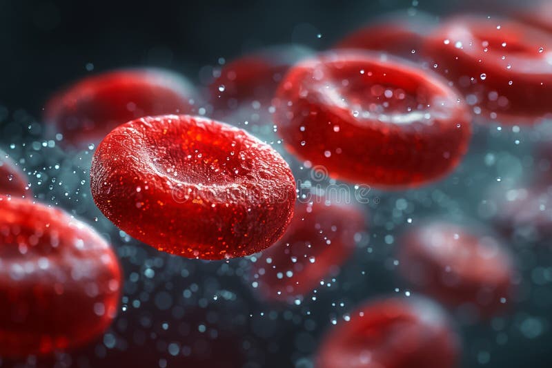 Dynamic closeup visualization showcasing red blood cells as they move with remarkable fluidity in a biological context stock photo