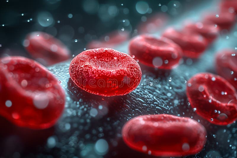 Dynamic closeup visualization showcasing red blood cells as they move with remarkable fluidity in a biological context stock image