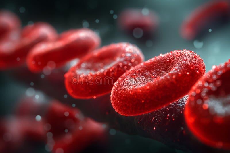 Dynamic closeup visualization showcasing red blood cells as they move with remarkable fluidity in a biological context stock photo