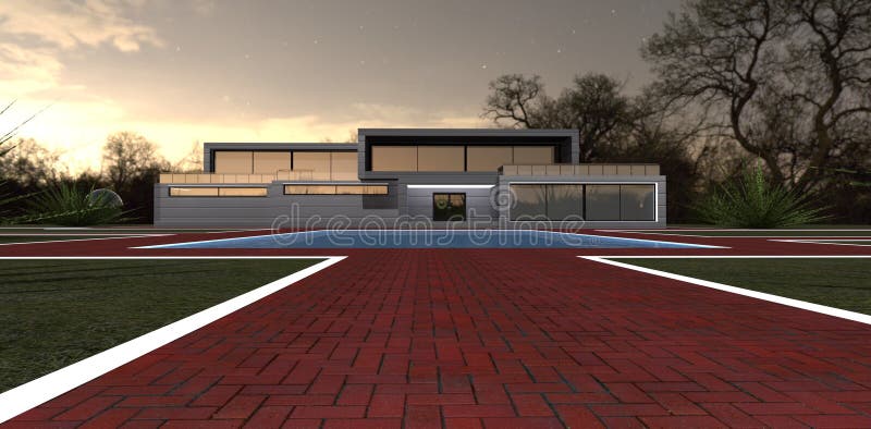 Stunning walkway made of red brick tile and limited by white curb in front of the compact ecological dwelling at night, 3d vector illustration