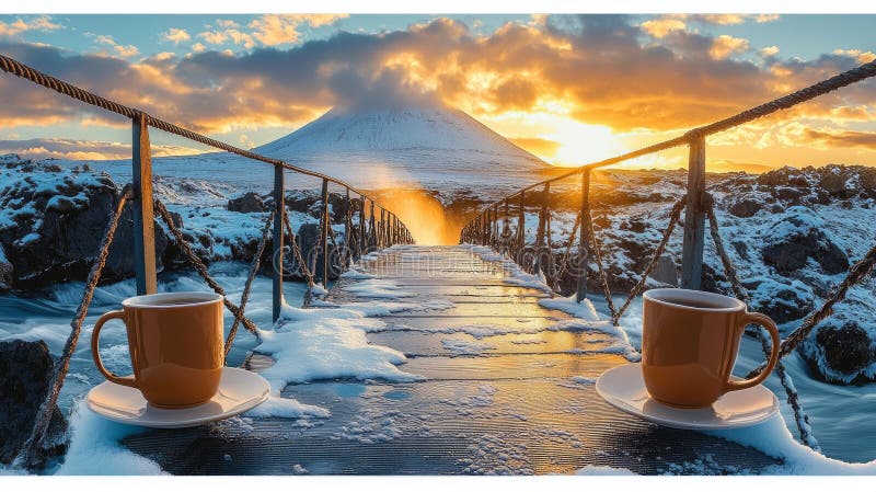 Stunning waterfall cascades down rocky terrain surrounded melting snow. Dramatic sunlight pierces through clouds royalty free stock photos