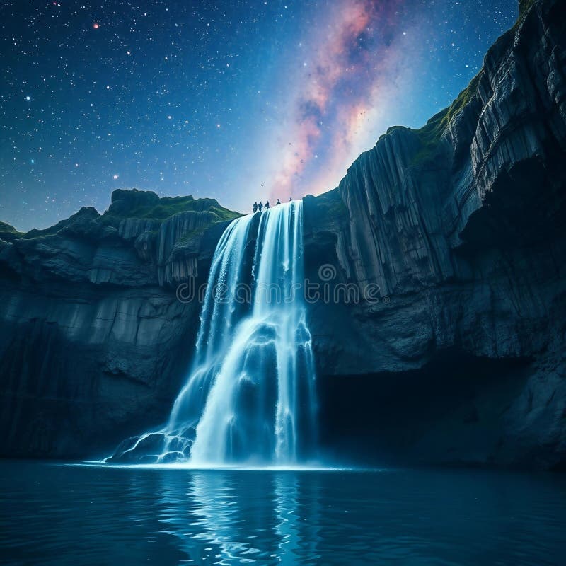 Stunning Waterfall Under a Starry Sky with the Milky Way in the Background stock photo