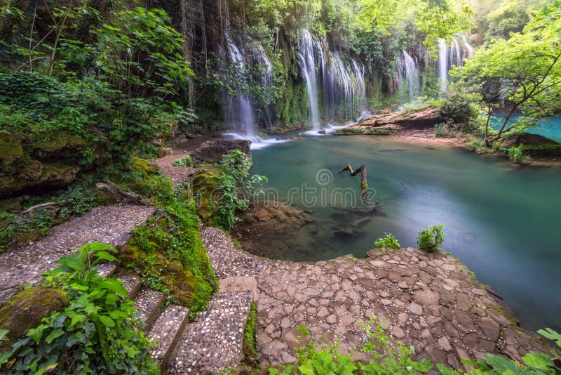 Stunning waterfalls over turquoise water in deep green forest in Kursunlu Natural Park, Antalya royalty free stock image Stunning waterfalls over turquoise water in deep green forest in Kursunlu Natural Park, Antalya royalty free stock image