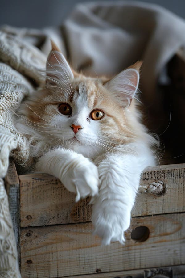 Stunning white cat lying in wooden box, high quality, high resolution royalty free illustration.