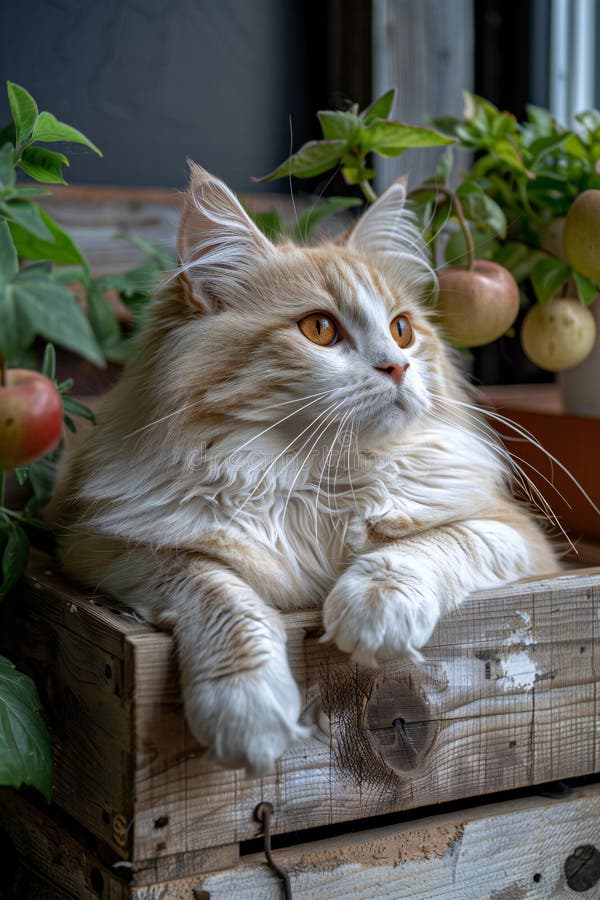 Stunning white cat lying in wooden box, high quality, high resolution stock illustration.