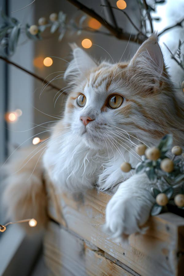 Stunning white cat lying in wooden box, high quality, high resolution vector illustration.