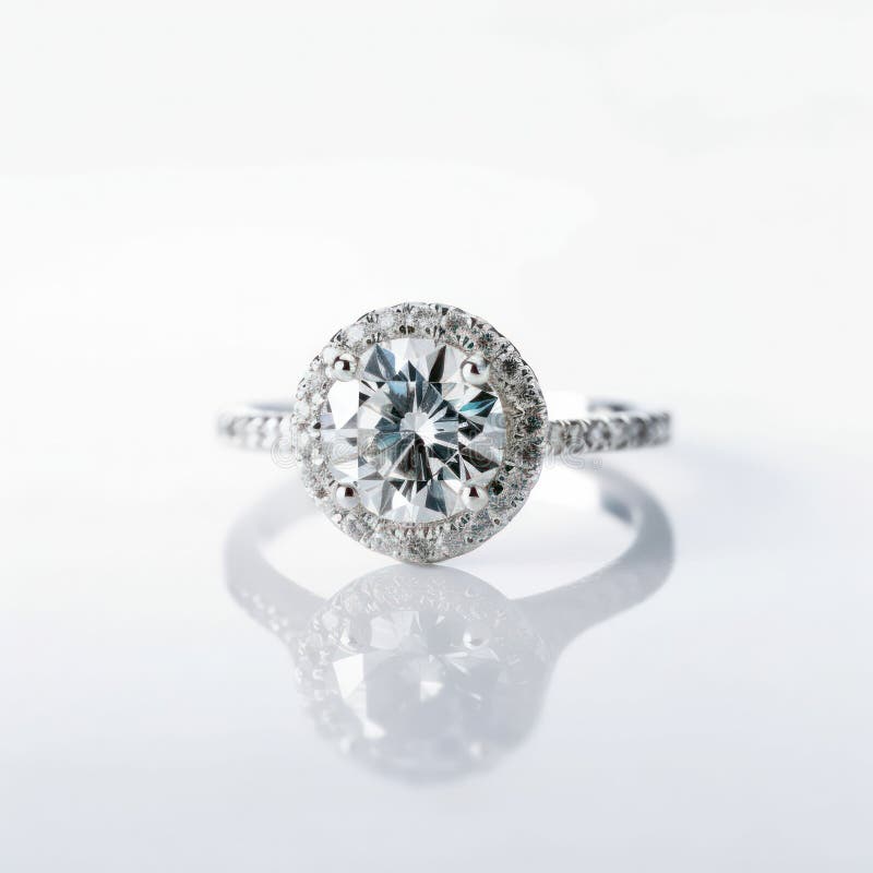 Stunning White Diamond Ring Placed on a Reflective Surface, Showcasing