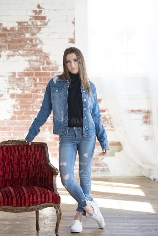 Stunning Young Fashion Model Poses in Denim Outfit Stock Photo - Image of  casual, female: 165695722