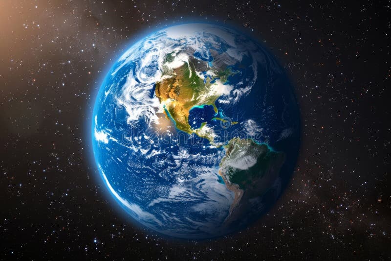 A stunningly realistic representation of earth featuring a blue atmosphere against a cosmic backdrop stock illustration