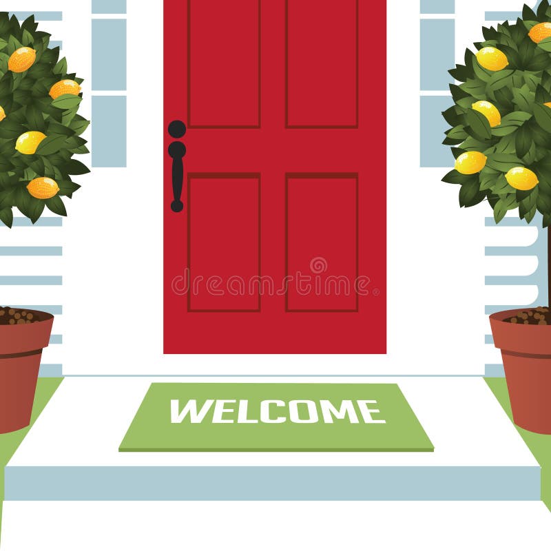Welcome mat at front door with lemon trees EPS 10 vector royalty free stock illustration for greeting card, ad, promotion, poster, flier, blog, article, open house, party, new neighbors. Welcome mat at front door with lemon trees EPS 10 vector royalty free stock illustration for greeting card, ad, promotion, poster, flier, blog, article, open house, party, new neighbors