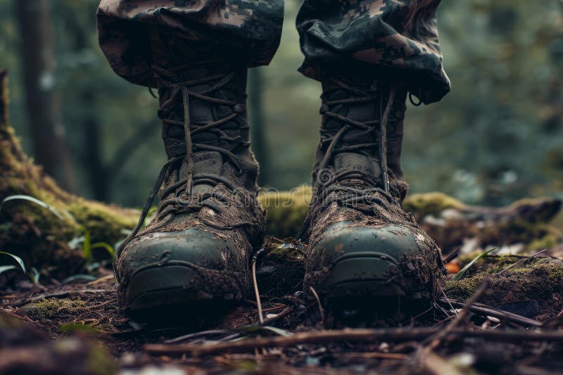 Sturdy Army boots dirty forest. White combat. Generate Ai AI generated. Sturdy Army boots dirty forest. White combat. Generate Ai AI generated