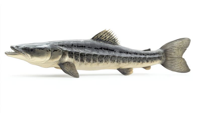 Sturgeon isolated on a white background, side view. Side view of a sturgeon fish isolated on a white background, showing its unique shape and features