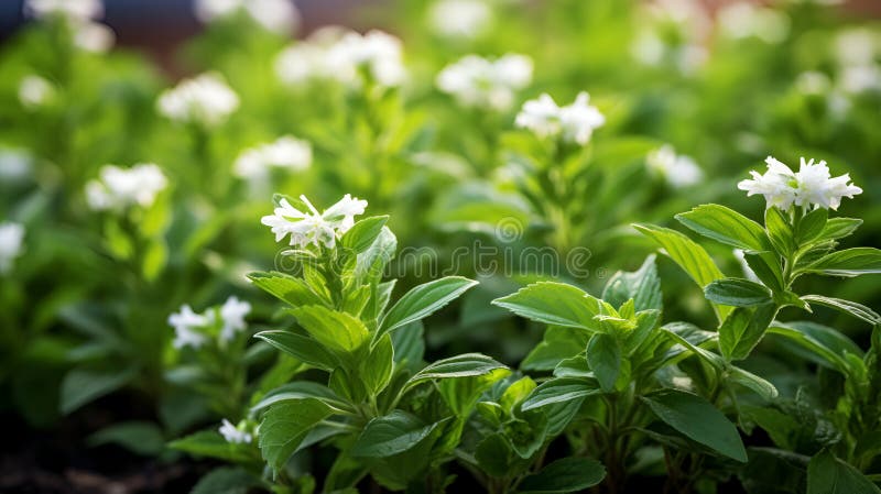 Stvia-anläggningen blommar på ett stevia-fält nära. stevia-anläggningens blomning. Färska stevia-blad som används för framställnin stock illustrationer