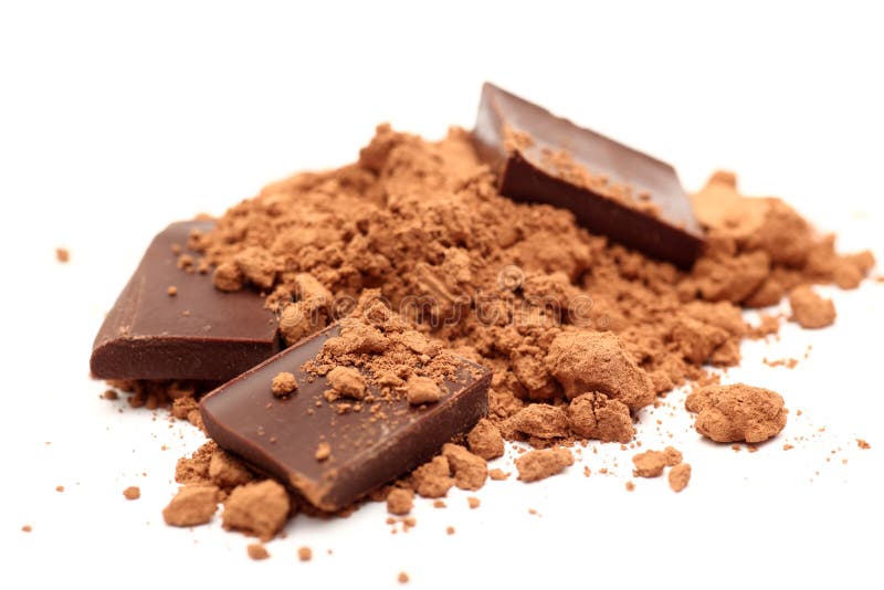 Stycken av choklad i kakaopulver arkivbild Stycken av choklad i kakaopulver arkivbild