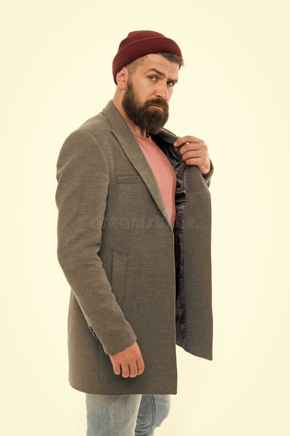 Style d'?quipement de d?couverte que vous vous sentez confortable Manteau ? la mode ?l?gant et chapeau de hippie barbu d'homme Ch images stock Style d'?quipement de d?couverte que vous vous sentez confortable Manteau ? la mode ?l?gant et chapeau de hippie barbu d'homme Ch images stock