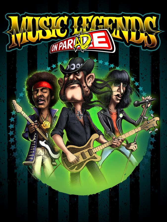 Style de bande dessinée Jimi, Lemmy et Joey, affiche de légendes de musique illustration libre de droits Style de bande dessinée Jimi, Lemmy et Joey, affiche de légendes de musique illustration libre de droits