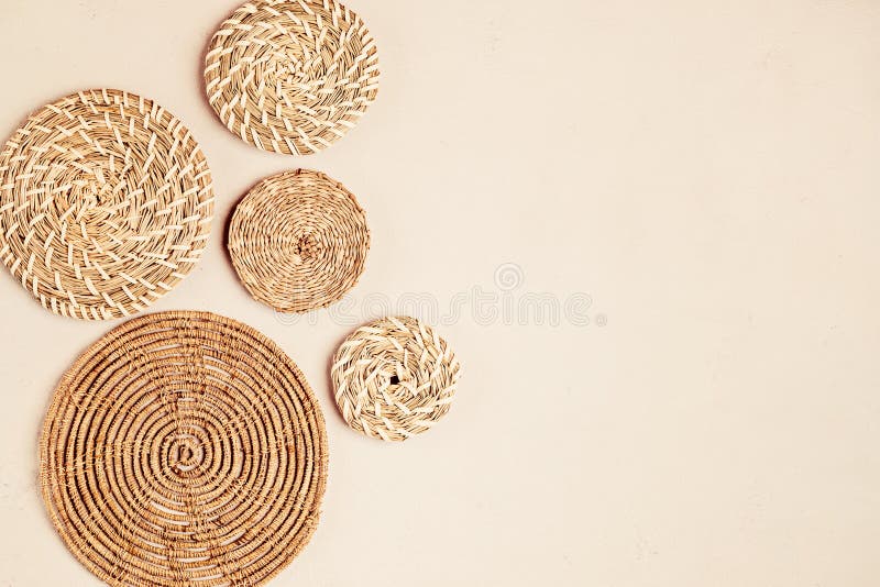 Rattan basket wall decor bohemiam style. Eco friendly trendy room decoration. Copy space. Rattan basket wall decor bohemiam style. Eco friendly trendy room decoration. Copy space