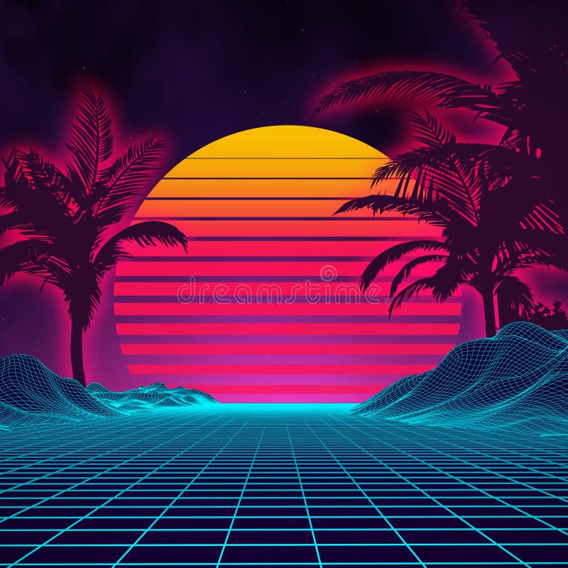 Retro background futuristic landscape 1980s style. Digital retro landscape cyber surface. 80s party background . Retro 80s fashion Sci-Fi Background Summer. Retro background futuristic landscape 1980s style. Digital retro landscape cyber surface. 80s party background . Retro 80s fashion Sci-Fi Background Summer.