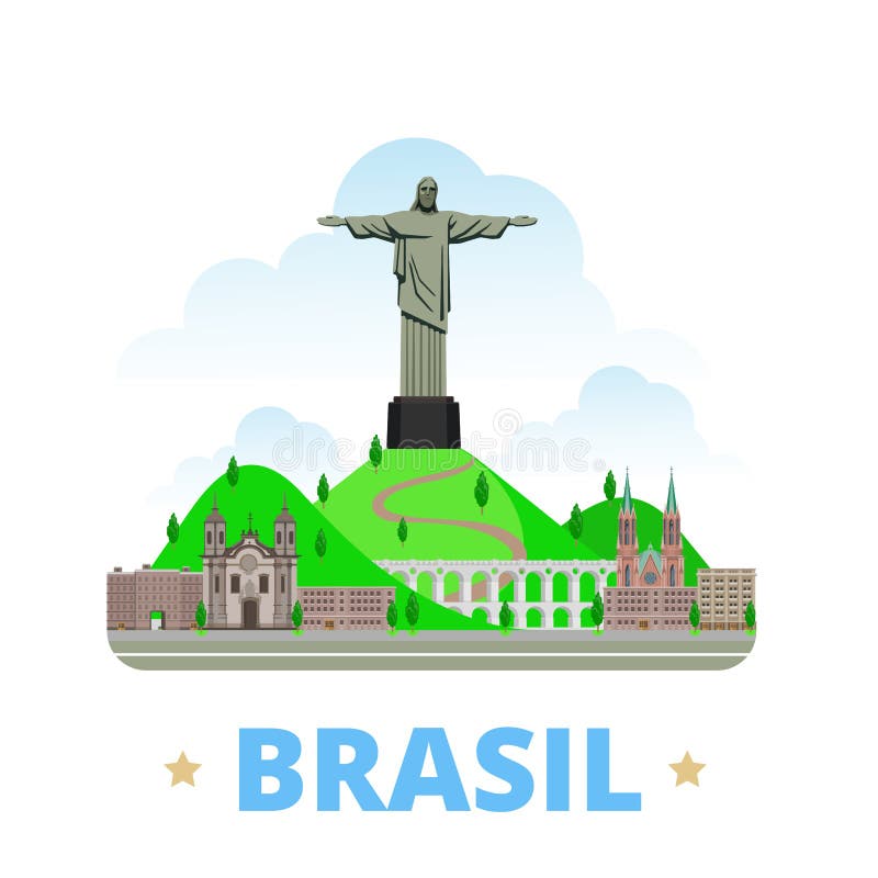 Brazil country flat cartoon style historic sight showplace web site vector illustration. World vacation travel South America collection. Christ the Redeemer Statue Sao Paulo Cathedral Carioca Aqueduct. Brazil country flat cartoon style historic sight showplace web site vector illustration. World vacation travel South America collection. Christ the Redeemer Statue Sao Paulo Cathedral Carioca Aqueduct