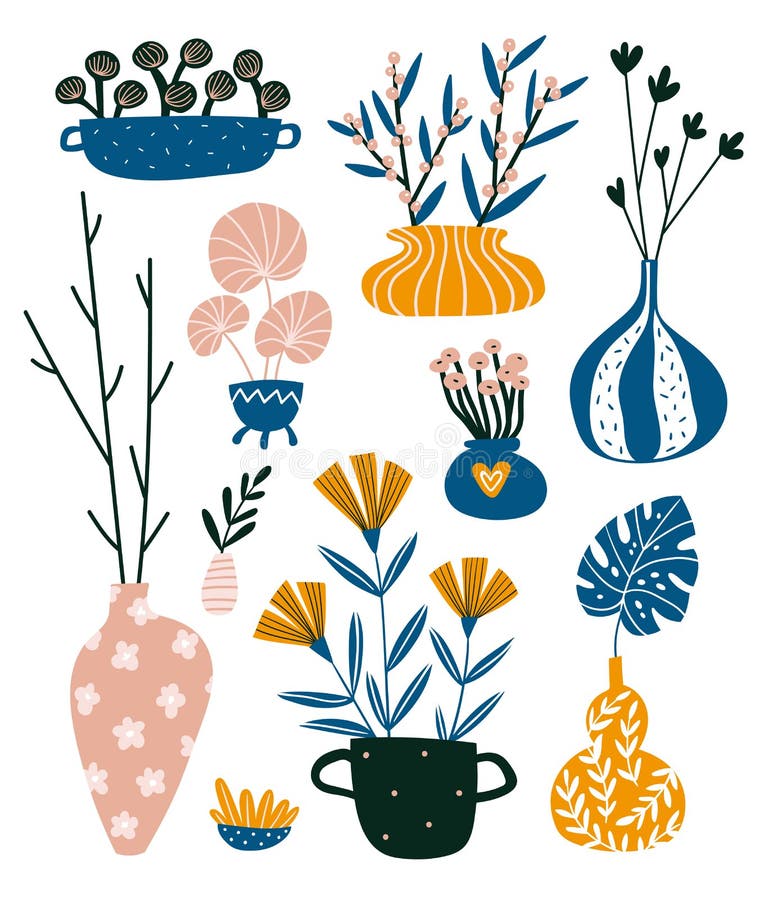 Style tir? ? la maison d'isolement d'?l?ments de d?cor ? disposition Conception int?rieure scandinave de vecteur Fleurs et vases illustration libre de droits Style tir? ? la maison d'isolement d'?l?ments de d?cor ? disposition Conception int?rieure scandinave de vecteur Fleurs et vases illustration libre de droits