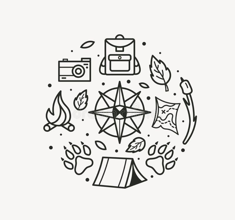 Style voyage d'aventure de schéma Boussole, pattes, sac à dos, tente, feu, caméra, carte pour le symbole de touristes, insigne de illustration de vecteur Style voyage d'aventure de schéma Boussole, pattes, sac à dos, tente, feu, caméra, carte pour le symbole de touristes, insigne de illustration de vecteur