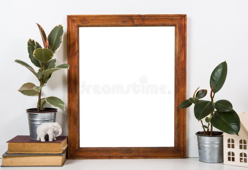 Styled tabletop, empty frame, painting art poster interior mock- stock photos