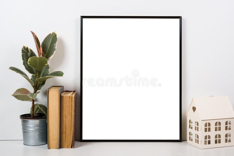 Styled tabletop, empty frame, painting art poster interior mock- stock images