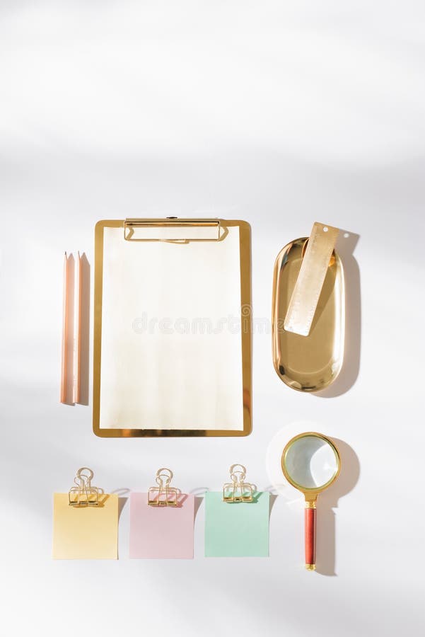 Styled Working Space with Gold Office Supplies and Color Sticky Note Stock  Image - Image of object, blank: 170551847