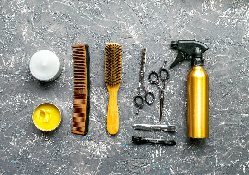 Download Styling Hair With Tools In Barbershop On Gray Background Top View Mockup Stock Photo - Image of ...