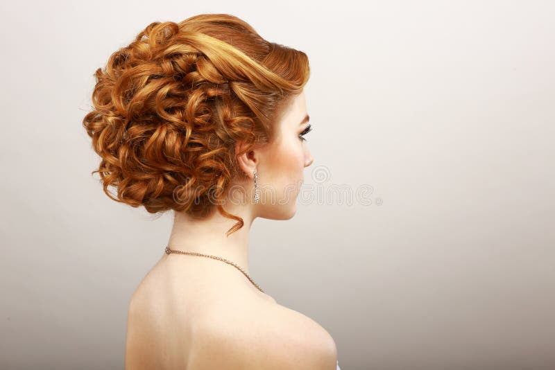 Styling. Rear View of Frizzy Red Hair Woman. Haircare Spa Salon Concept