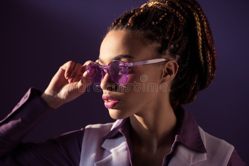 Stylish African American Girl Posing in Purple Sunglasses, Stock Image ...