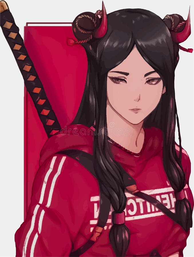 Stylish Anime Girl in a Red Hoodie and with a Katana on Her Back Stock  Vector - Illustration of font, design: 227678229