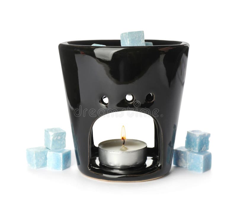 Stylish Aroma Lamp with Essential Wax Cubes on White Background Stock