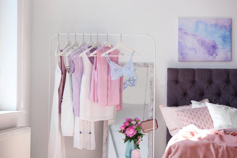 Stylish Bedroom Interior with Clothes Rack Stock Photo Image of flat
