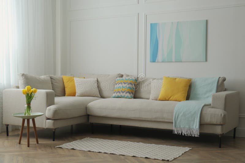 Stylish Beige Sofa in Living Room Interior Stock Image Image of cozy