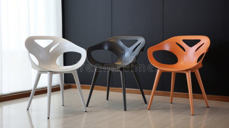 Tri plastický stoličky v formuláre, predstavovať tučný čiernobiely farby, sú umiestnené proti čierny steny.