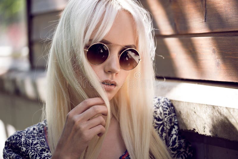 Stylish Blonde Cute Girl in Sunglasses Outdoors Stock Photo - Image of ...