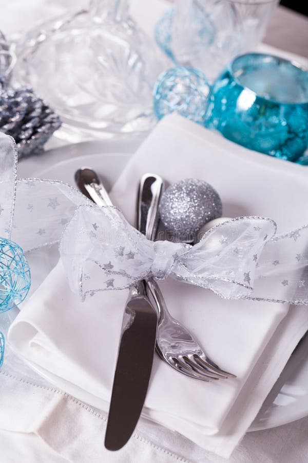 Stylish Blue and Silver Christmas Table Setting Stock Image Image of