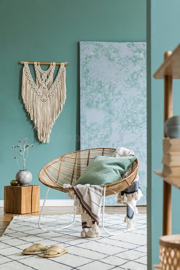 Boho Interior Design of Living Room with Rattan Armchair. Stock Image ...