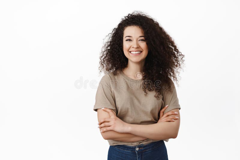 Stylish Brunette Girl with Curly Hairstyle, Smiling White Teeth ...