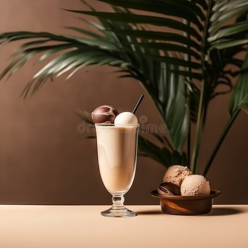 Stylish chocolate Ice cream in a dessert glass in a studio with a chocolate background with palm branches. Beautiful composition stock illustration