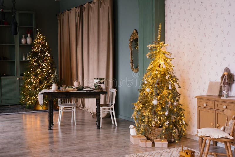 Stylish Christmas Interior of the Living Room with Dining Table