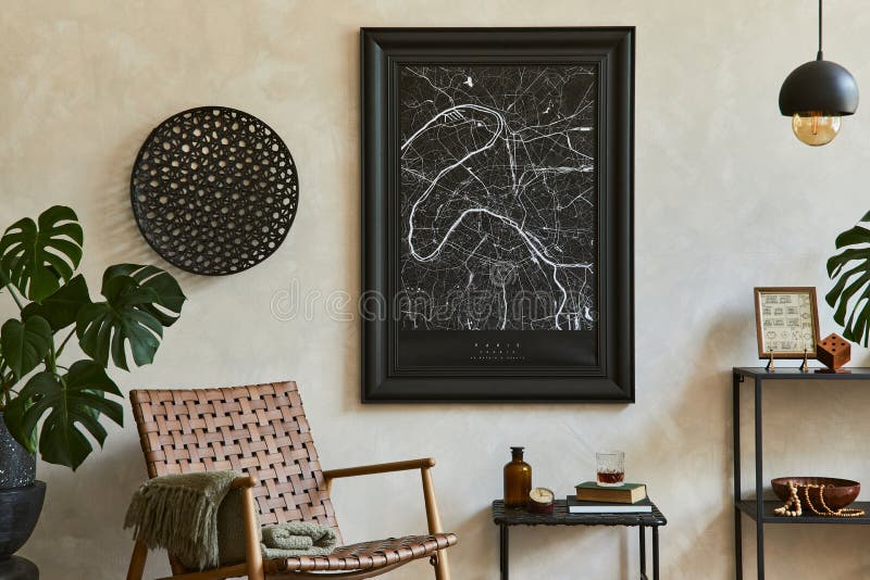 Stylish composition of elegant masculine living room interior with mock up poster frame, brown armchair, industrial geometric.