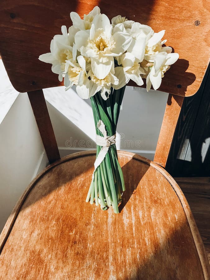 Stylish daffodils on rustic wooden chair in sunny light. Fresh yellow flowers bouquet on chair, countryside still life. Hello