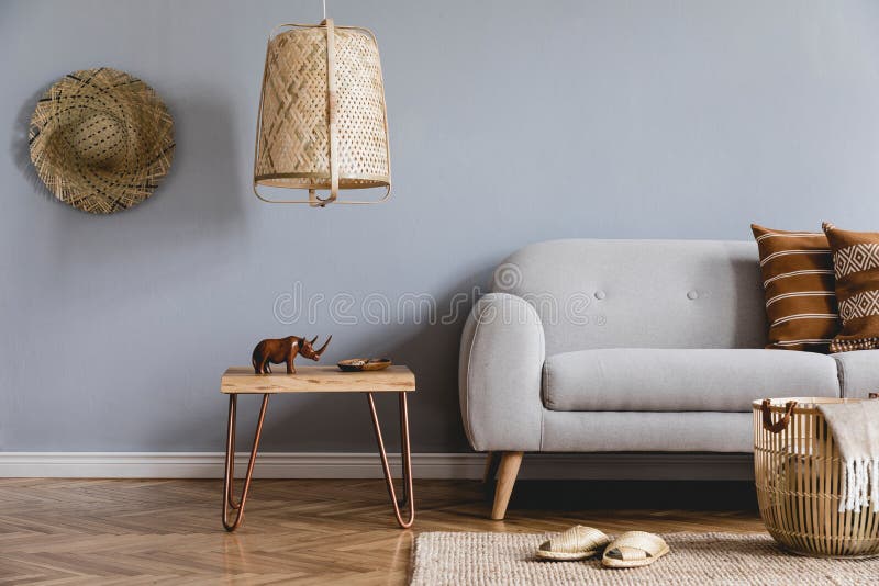 Boho Living Room With Grey Sofa And Natural Accessories. Cosy Home Decor.  Stock Image - Image Of House, Inspiration: 176027607