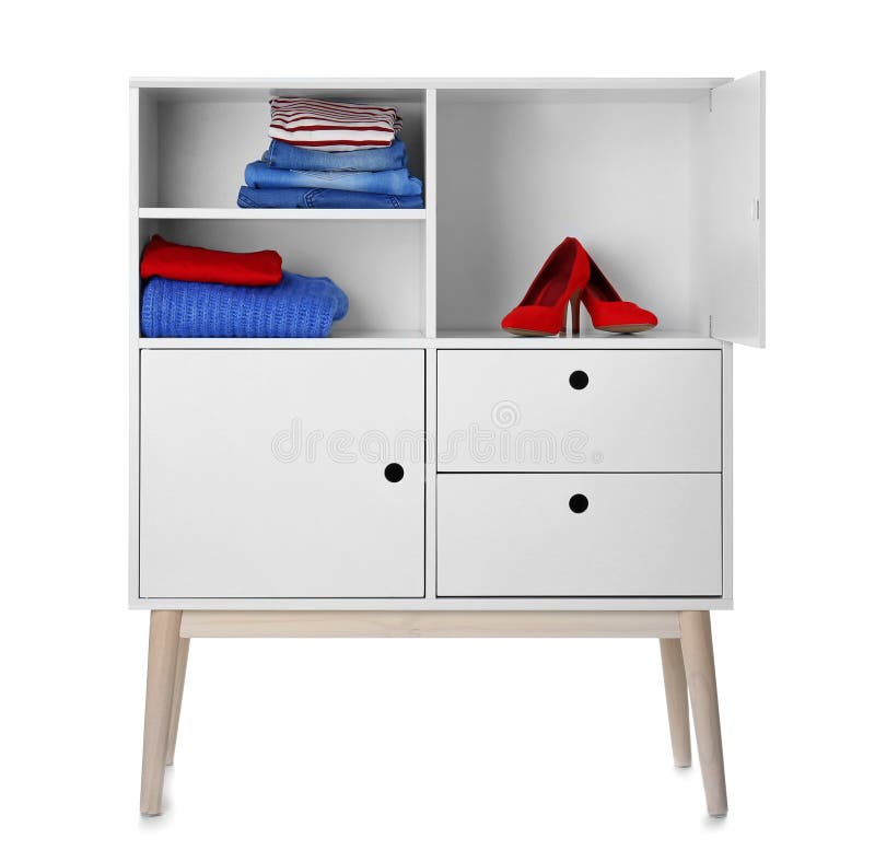 Stylish Dresser With Clothes And Shoes On White Background Stock